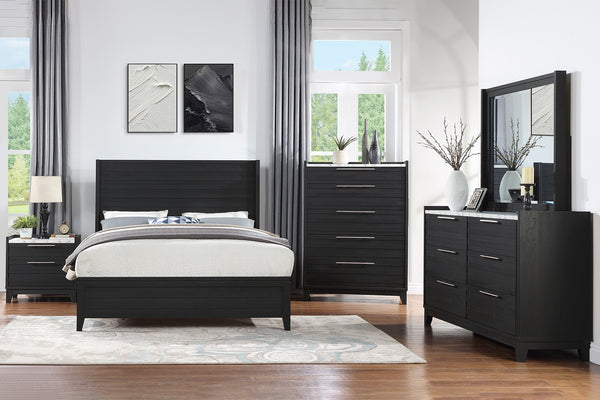 Conjunto de habitación de color negro hecho de madera que incluye una cama, un gavetero con espejo, un chest y una mesa de noche en un entorno de habitación.  