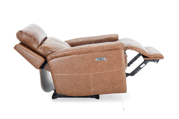 Sillón reclinable eléctrico de cuero marrón visto de perfil, con reposapiés elevado y respaldo reclinado. Incluye control lateral integrado y diseño acolchado para mayor comodidad y soporte ergonómico.