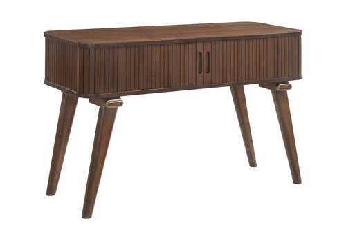 Mesa de sofá marrón con dos puertas corredizas sobre un fondo blanco. 