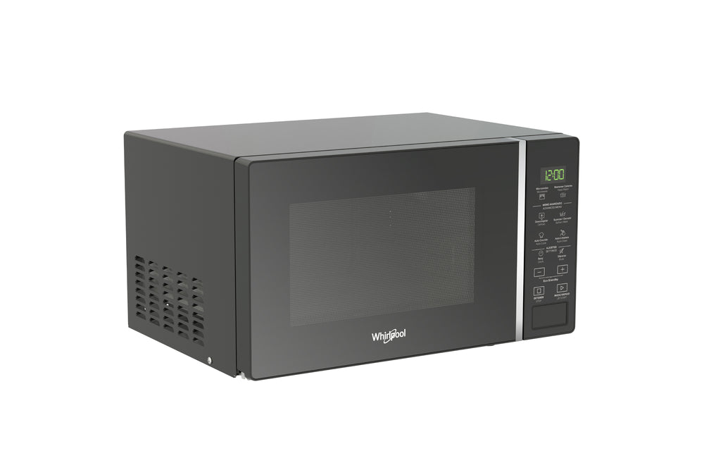 Un horno microondas Whirlpool con acabado gris oscuro, que cuenta con puerta de cristal, tirador vertical plateado y panel de control digital en el lado derecho, mostrado sobre un fondo blanco liso.