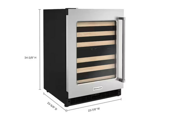 Una nevera para vinos empotrado con frontal de acero inoxidable y negro, puerta de cristal e interior en tono madera, que se muestra con líneas de dimensión y etiquetas que indican 34-3/8" de alto, 23-5/8" de profundidad y 23-7/8" de ancho sobre un fondo blanco.