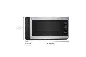 Un horno microondas con extractor de acero inoxidable y negro mostrado de lado con etiquetas de dimensiones que indican 43,5 cm de altura, 39.