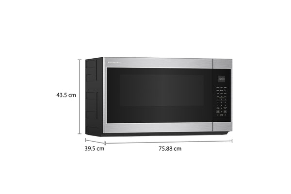 Un horno microondas con extractor de acero inoxidable y negro mostrado de lado con etiquetas de dimensiones que indican 43,5 cm de altura, 39.