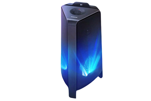 Bocina alta con luz azul brillante sobre un fondo blanco.