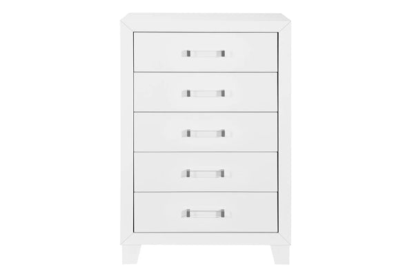 Chest blanco de cinco gavetas con tiradores transparentes sobre fondo blanco.