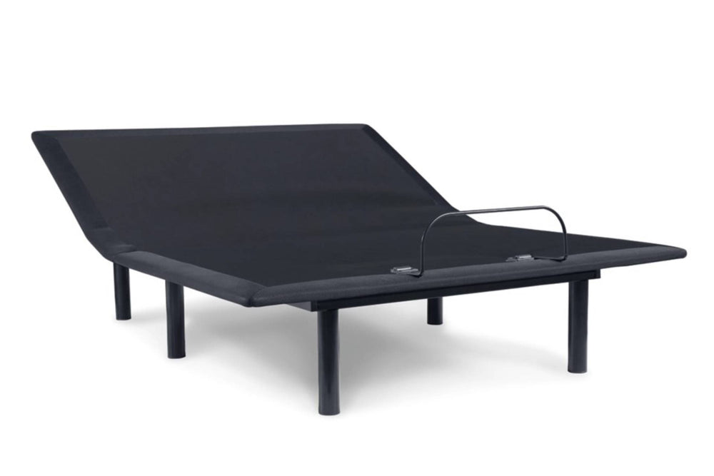 Base de cama ajustable negra con cabecera elevada y superficie dividida para posiciones personalizadas. Incluye estructura metálica de soporte y barra de retención para colchón, diseñada para mejorar la comodidad durante el descanso.