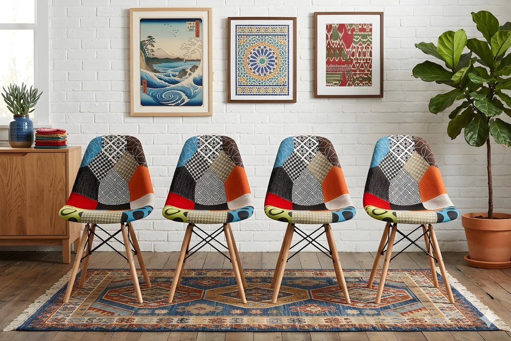 Cuatro sillas coloridas dispuestas en fila sobre una alfombra estampada, con cuadros enmarcados y una planta al fondo.
