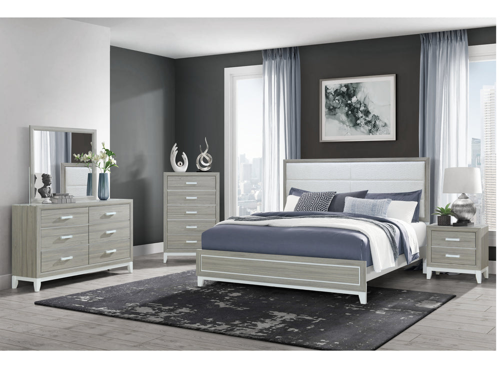 Conjunto de habitación hecho de madera gris que incluye una cama, una mesa de noche, un chest y un gavetero con espejo en un entorno de habitación. 