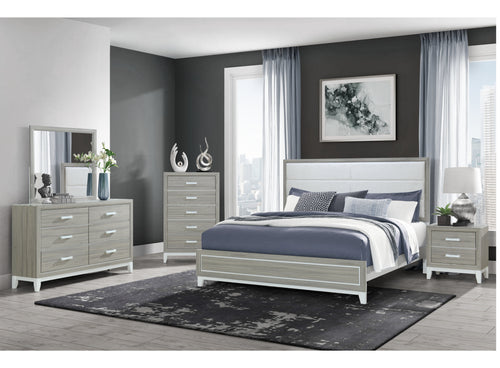 Conjunto de habitación hecho de madera gris que incluye una cama, una mesa de noche, un chest y un gavetero con espejo en un entorno de habitación. 