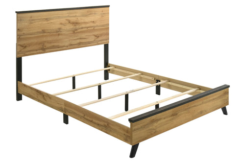 Estructura de cama de madera con detalles en negro sobre fondo blanco.