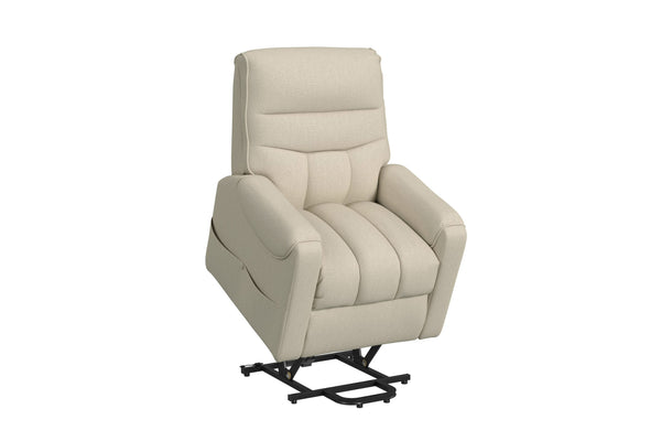 Butaca reclinable eléctrica tipo lift color beige, tapizada en tela, con respaldo alto acolchado, brazos curvos, asiento amplio con secciones acolchadas y base metálica elevadora visible, sobre fondo blanco. 