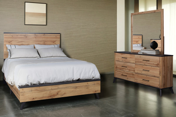 Conjunto de muebles de dormitorio de madera color marrón claro que incluye una cama queen y un gavetero con espejo en un ambiente de habitación gris.