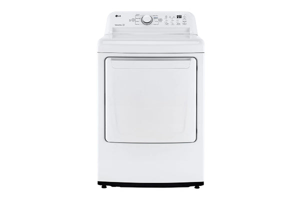 Secadora blanca de marca LG sobre un fondo blanco. 