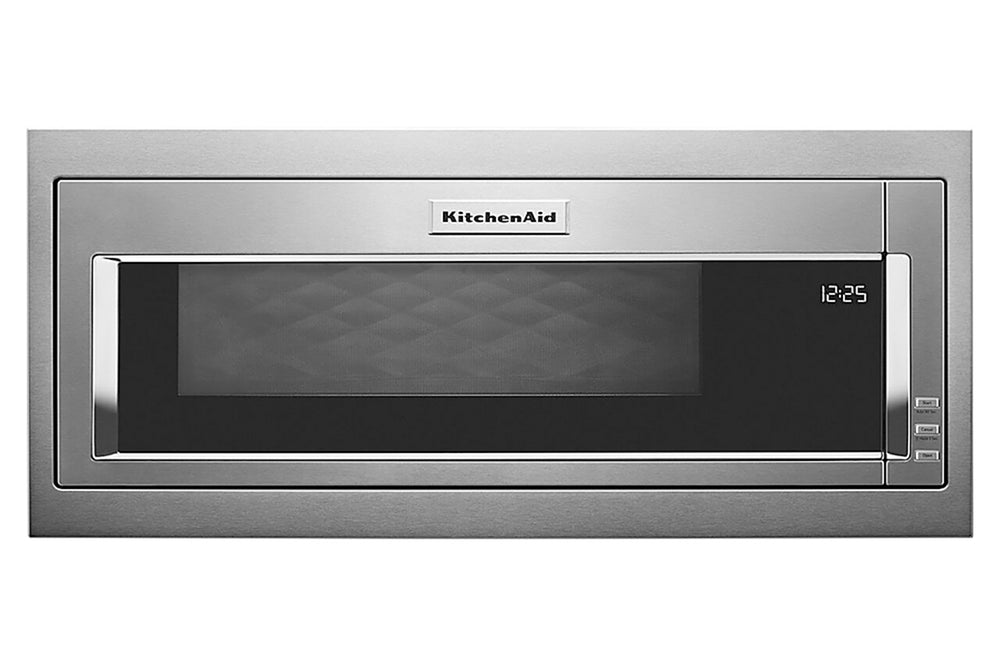Horno microondas empotrable de acero inoxidable con puerta de cristal negro y pantalla digital que muestra las 12:25. El logotipo de KitchenAid es claramente visible en la parte superior central del aparato.