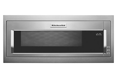Horno microondas empotrable de acero inoxidable con puerta de cristal negro y pantalla digital que muestra las 12:25. El logotipo de KitchenAid es claramente visible en la parte superior central del aparato.