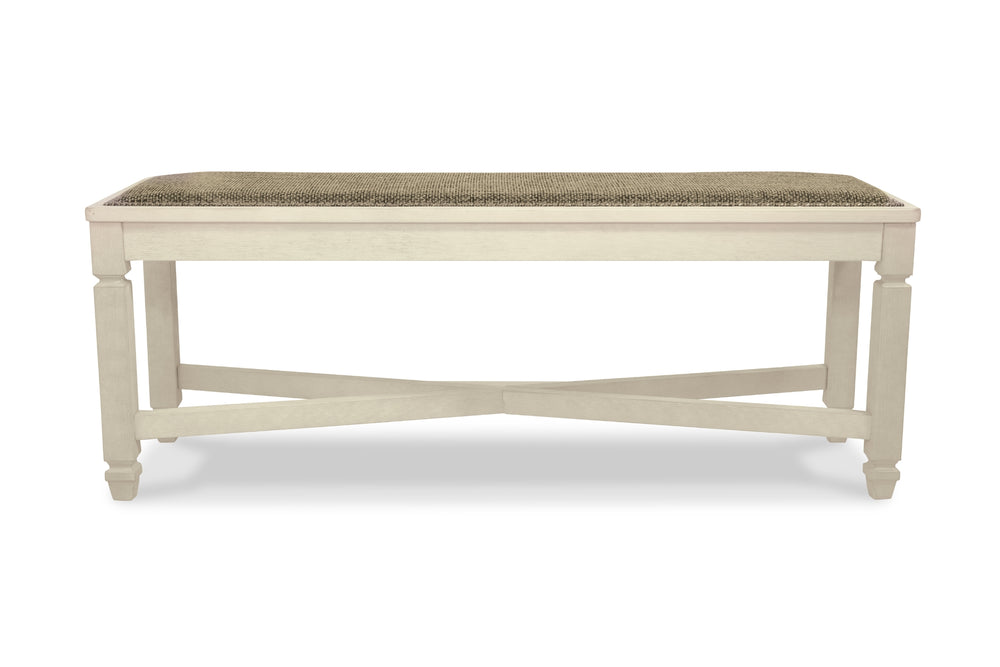 Un banco de madera natural clara con asiento tapizado en color topo texturizado, mostrado desde un ángulo de tres cuartos sobre un fondo blanco.