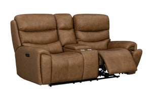 Loveseat reclinable de cuero marrón sobre fondo blanco