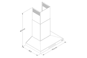 Un dibujo lineal en blanco y negro que muestra las dimensiones de una campana extractora o unidad de arranque de chimenea, con medidas etiquetadas de 62,6 cm de altura, 30.
