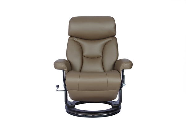 Sillón reclinable de cuero sintético color marrón claro con base giratoria negra, sobre un fondo blanco liso.