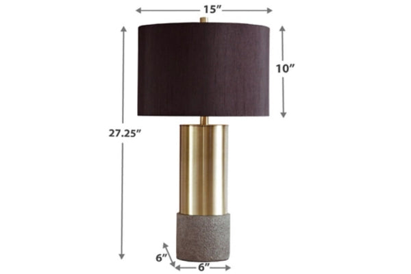 Lámpara de mesa con dimensiones etiquetadas sobre fondo blanco.