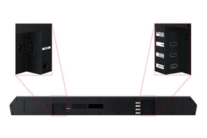 Equipo de audio negro con una unidad central sobre fondo blanco. 