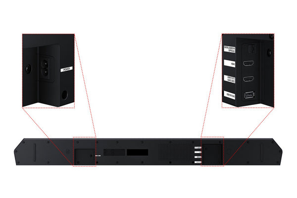 Equipo de audio negro con una unidad central sobre fondo blanco. 