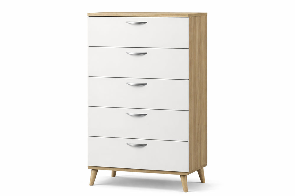 Chest con cinco gavetas de color crema y blanco sobre un fondo blanco. 