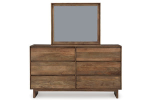 Gavetero hecho de madera marrón con espejo de seis gavetas sobre un fondo blanco. 