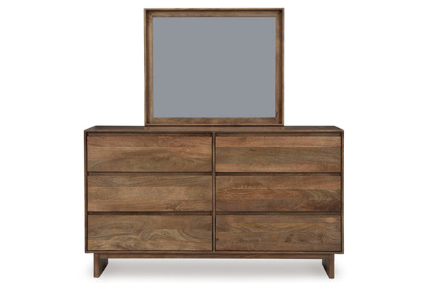 Gavetero hecho de madera marrón con espejo de seis gavetas sobre un fondo blanco. 