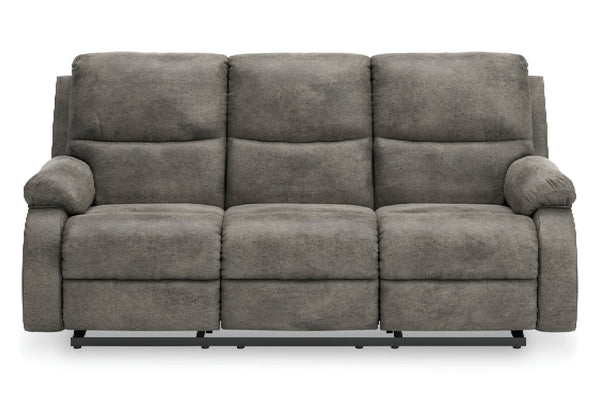 Sofá reclinable manual de tres plazas tapizado en tela gris texturizada, mostrado desde un ángulo frontal sobre un fondo blanco.