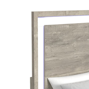 Vista cercana de cabecera de cama de colores blanco y gris claro sobre un fondo blanco. 