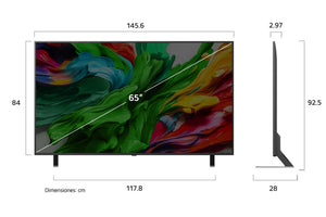 Televisor de 65 pulgadas con dimensiones etiquetadas sobre un fondo blanco.