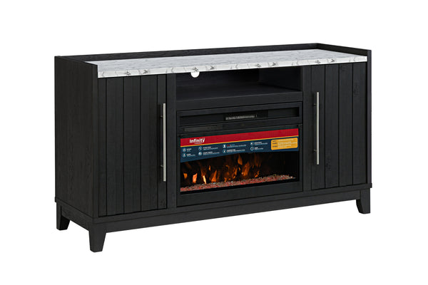 Mesa de entretenimiento negro con chimenea eléctrica integrada sobre fondo blanco.