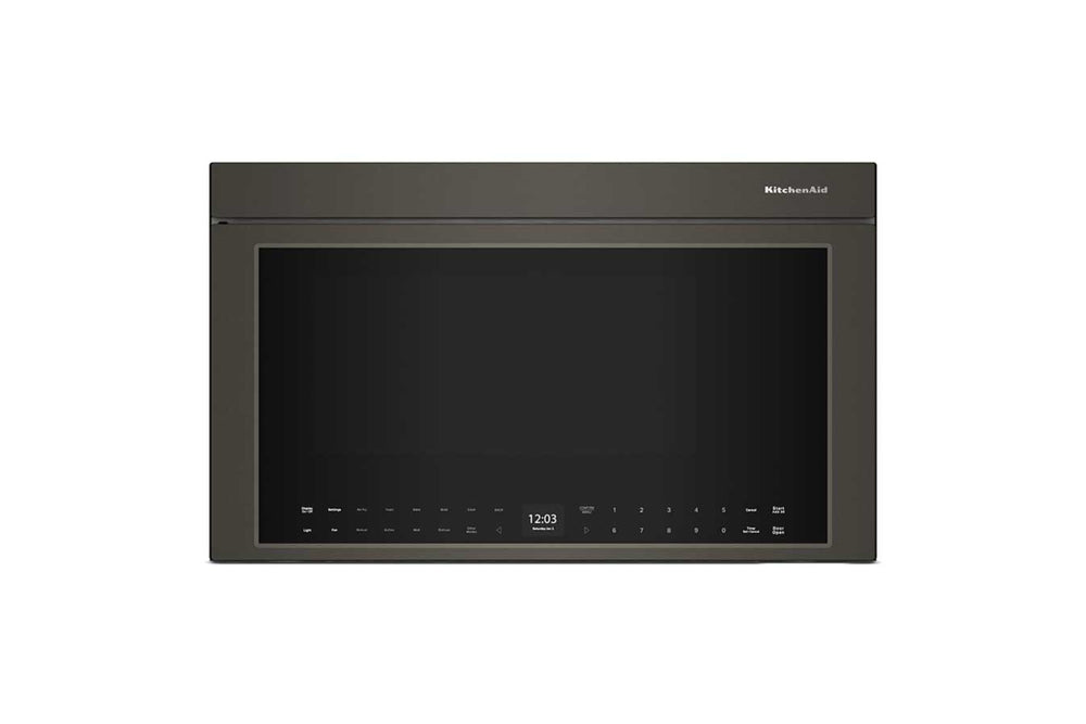 Un microondas empotrable con acabado en gris carbón oscuro, puerta de cristal negro y panel de control digital en el borde inferior derecho, mostrado sobre un fondo blanco liso.