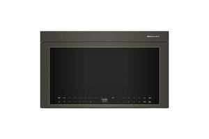 Un microondas empotrable con acabado en gris carbón oscuro, puerta de cristal negro y panel de control digital en el borde inferior derecho, mostrado sobre un fondo blanco liso.