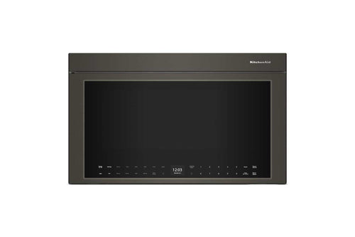 Un microondas empotrable con acabado en gris carbón oscuro, puerta de cristal negro y panel de control digital en el borde inferior derecho, mostrado sobre un fondo blanco liso.