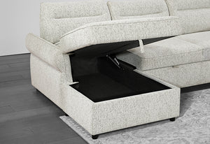 Sofá chaise blanco con almacenamiento adentro de un asiento en un entorno de sala. 