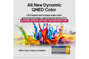 Publicidad de la tecnología QNED Color de LG con un diseño colorido sobre un fondo blanco.