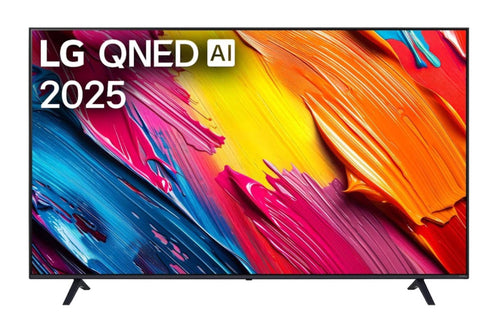 Televisor LG QNED AI 2025 con diseño abstracto colorido en pantalla.