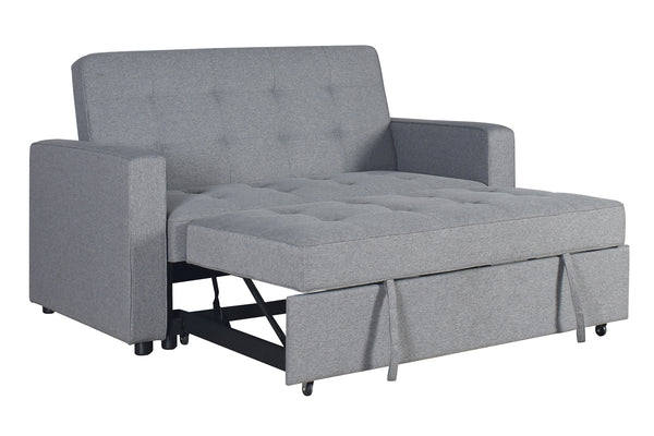 Sofá cama de color gris con brazos,  respaldar, y reposapiés en un fondo blanco. 