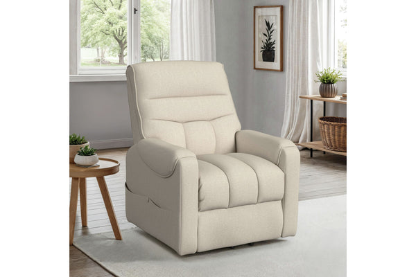 Butaca reclinable de color blanco en una sala moderna con ventanas. 