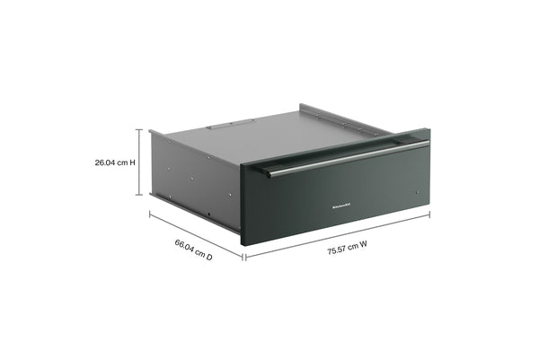 Un mueble de cajones de color verde oscuro mostrado en ángulo con líneas de dimensión y etiquetas que indican 26,04 cm de altura, 66.