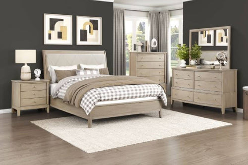 Juego de habitación hecho de madera con una cama, un gavetero con espejo, una mesa de noche y un chest. 