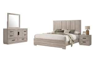 Un conjunto de muebles de dormitorio de madera gris claro que incluye una cama con ropa de cama blanca, una mesita de noche a juego y una cómoda con espejo, mostrado sobre un fondo blanco liso.