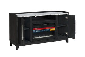 Mesa de entretenimiento negro con chimenea eléctrica integrada y con dos cabinetes abiertos sobre fondo blanco.