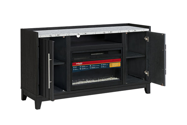 Mesa de entretenimiento negro con chimenea eléctrica integrada y con dos cabinetes abiertos sobre fondo blanco.