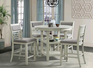 Juego de comedor redondo de 5 piezas Amherst en acabado de madera clara con cuatro sillas tapizadas y detalles geométricos en el respaldo