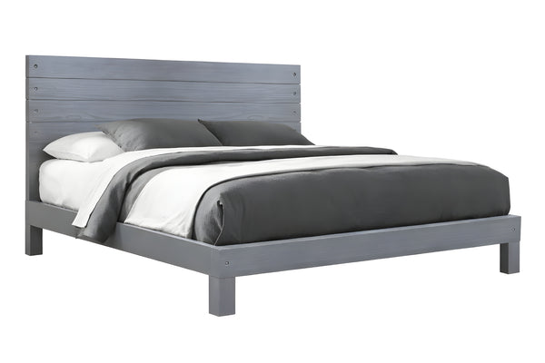 Cama de madera gris con ropa de cama gris y blanca en una habitación.