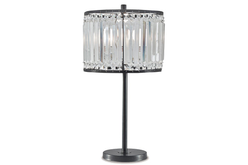 Lámpara de mesa con pantalla de cristal sobre fondo blanco.