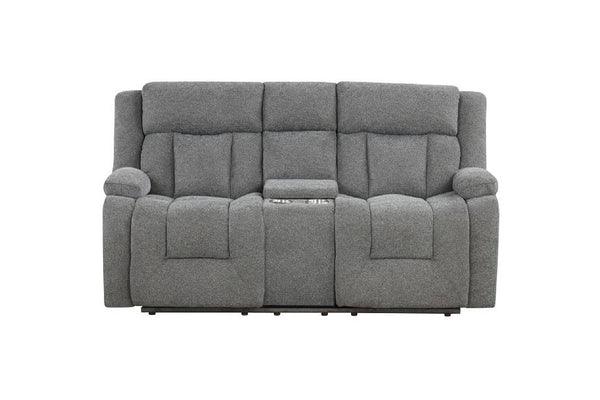 Loveseat gris reclinable manual sobre fondo blanco.
